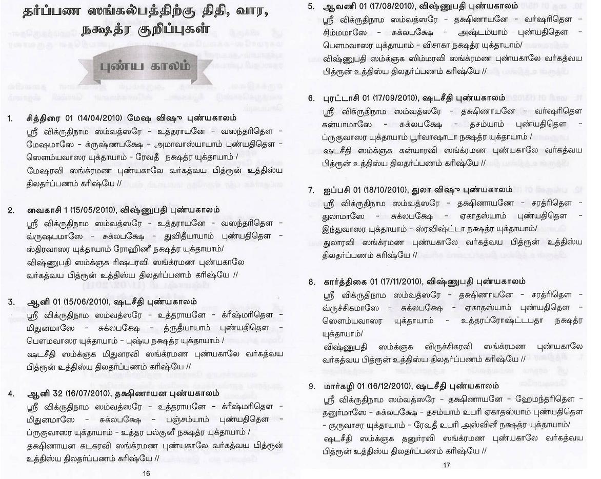 தர்ப்பண ஸ்ங்கல்ப்பத்திற்கு திதி, வார, நக்ஷத்ர குறிப்புகள்